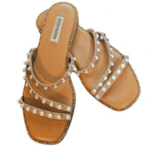 Women’s size 8.5 Steve Madden Pearl Studded Flat Sandals Slip On‎